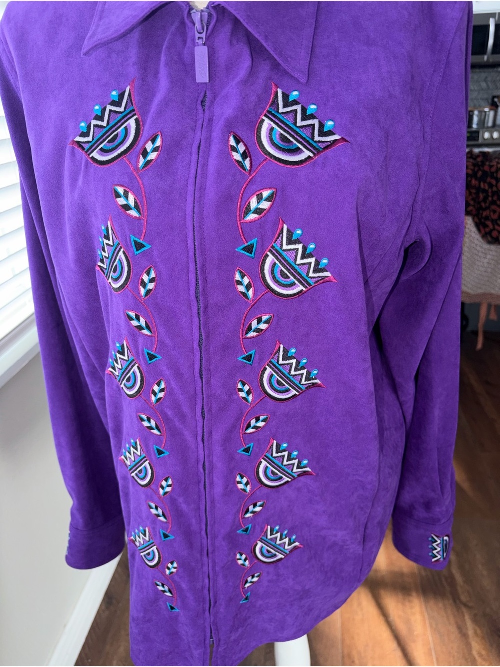 Bob Mackie Purple Suede Embroidered Zip-Front Jacket